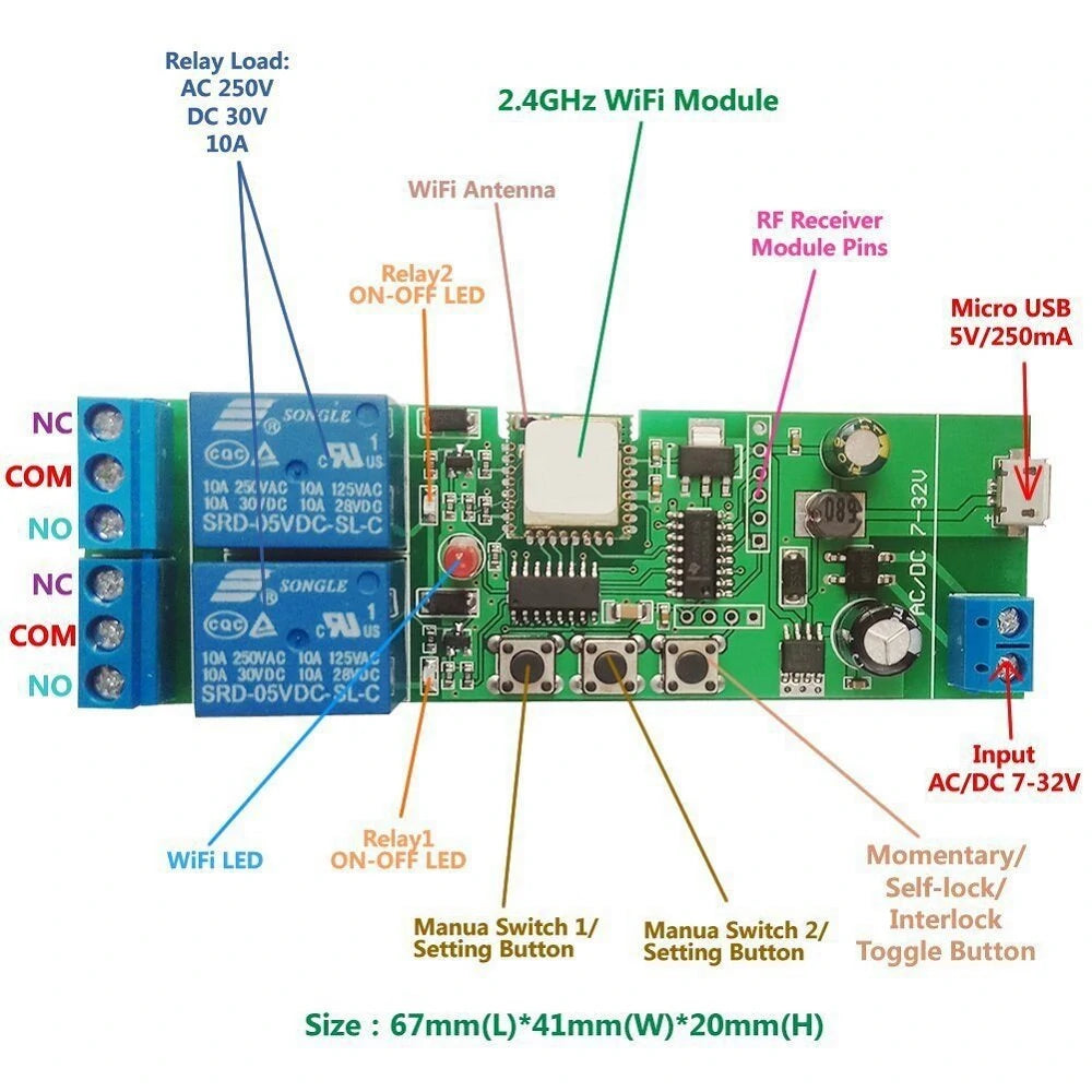 EACHEN WiFi 2-Way Relay Module, Self-Locking/Interlock Switch, Compatible with Amazon Alexa & Google Home