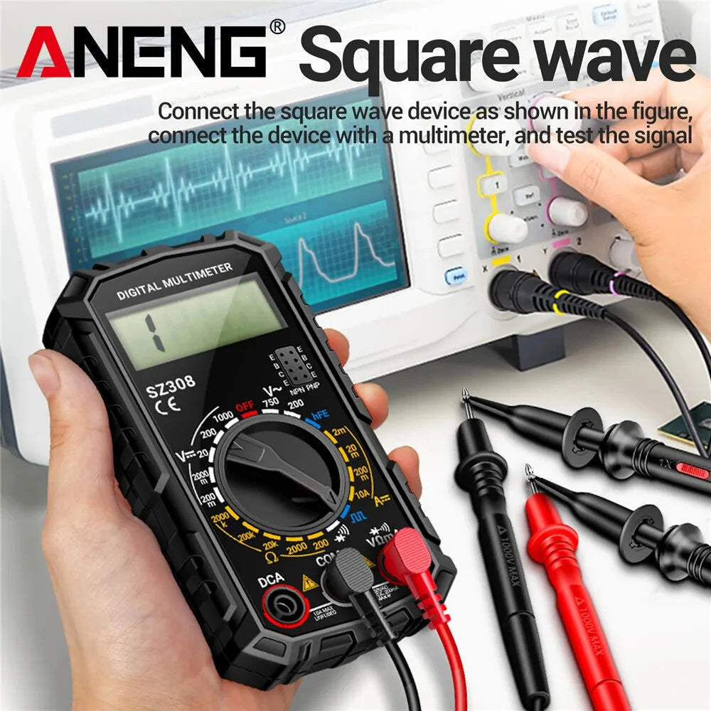 ANENG SZ308 Handheld Digital Multimeter - AC/DC Voltage, Current, Resistance, Diode, HFE Transistor Measurements, Wave Output, Low Battery Indicator