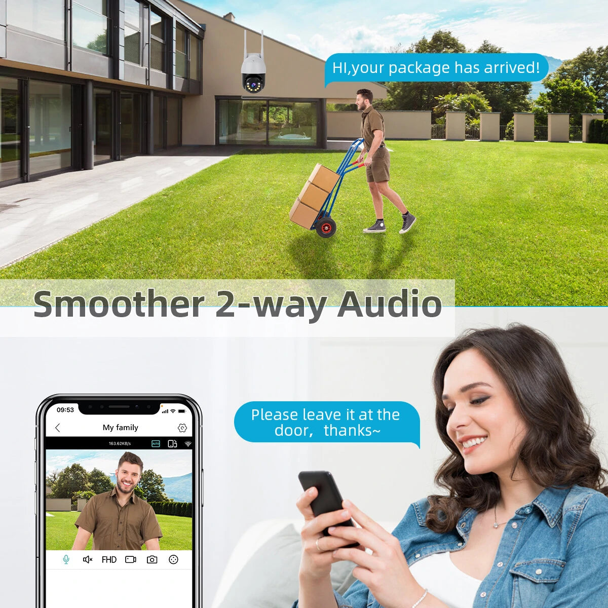 2MP Outdoor Wireless PTZ Security Camera, AI Human Detection, Night Vision, Two-Way Audio, IP66 Waterproof, Remote Control