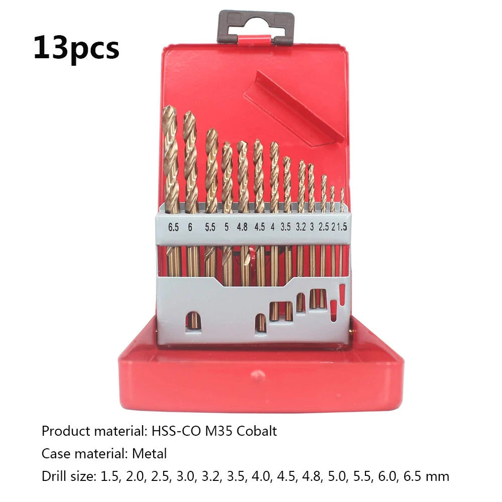 M35 Cobalt Drill Bit Set - HSS-Co Twist Bits for Stainless Steel, Wood, Metal with Metal Case - Drillpro Jobber Length