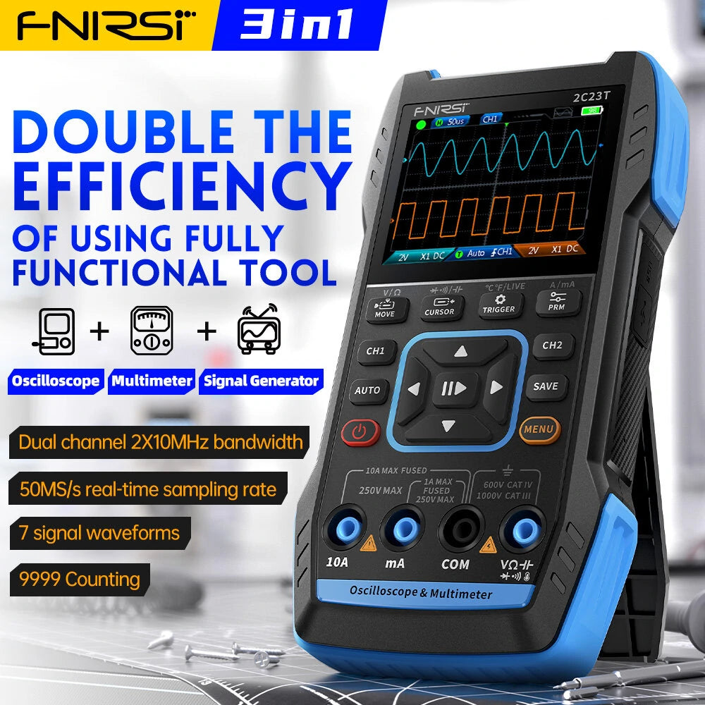 FNIRSI 2C23T 3-in-1 Handheld Oscilloscope Multimeter & Signal Generator - Dual Channel 10MHz*2, 50MS/s