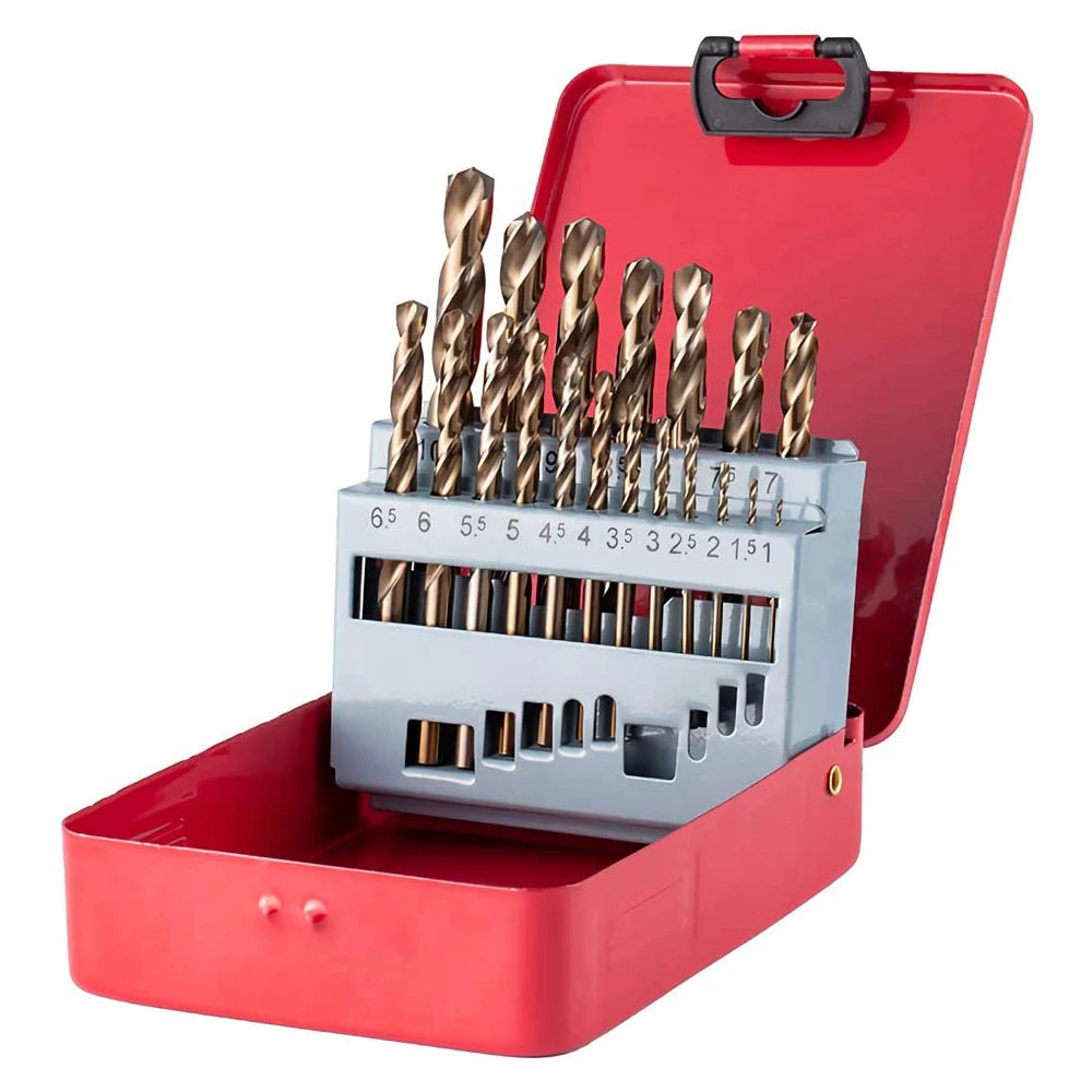 M35 Cobalt Drill Bit Set - HSS-Co Twist Bits for Stainless Steel, Wood, Metal with Metal Case - Drillpro Jobber Length