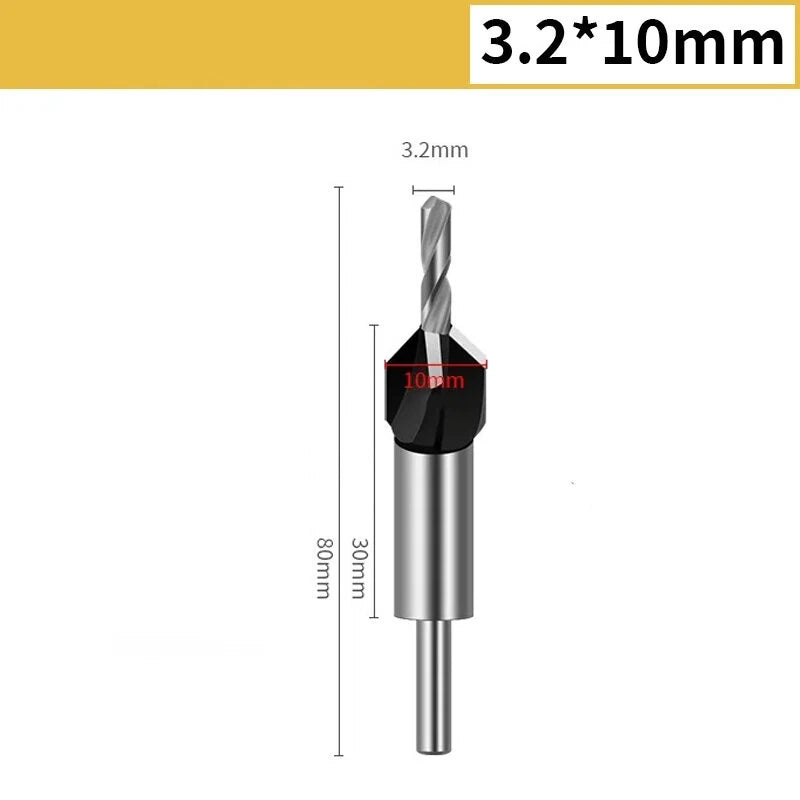 4-in-1 Countersink Drill Bit Set with Low Friction Depth Stop – Tungsten Steel, 6.25mm Shank, Sizes 2.8mm, 3.2mm, 3.5mm, 4.0mm for Wood & Metal