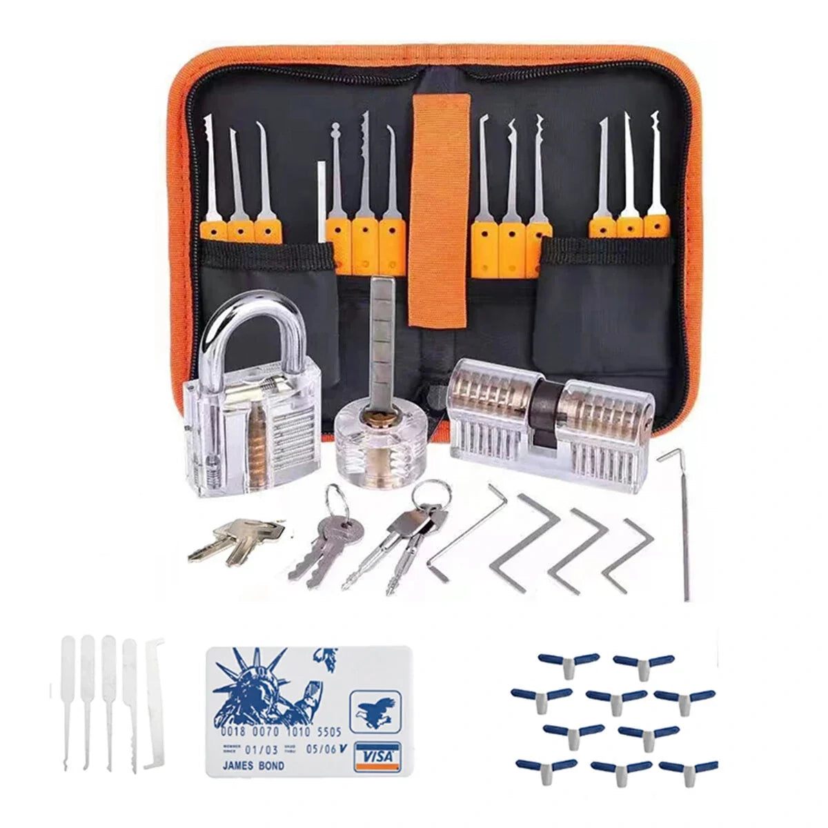 43PCS Lock Picking Practice Set: Orange Picks, Transparent Padlocks, Spring Steel Tools & Auto Unlock Gun