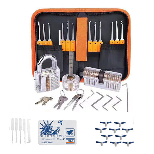 43PCS Lock Picking Practice Set: Orange Picks, Transparent Padlocks, Spring Steel Tools & Auto Unlock Gun