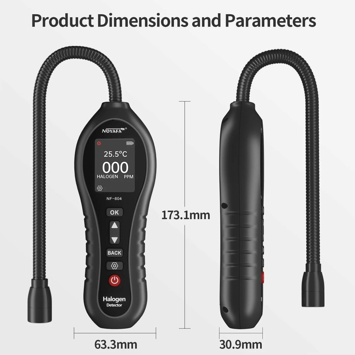 NOYAFA NF-604 High Sensitivity Halogen Leak Tester, 0-1000PPM Range, Triple Alert System, Adjustable Alarms, Temperature Test, Long Flexible Probe, Waterproof for Industrial & Home Use
