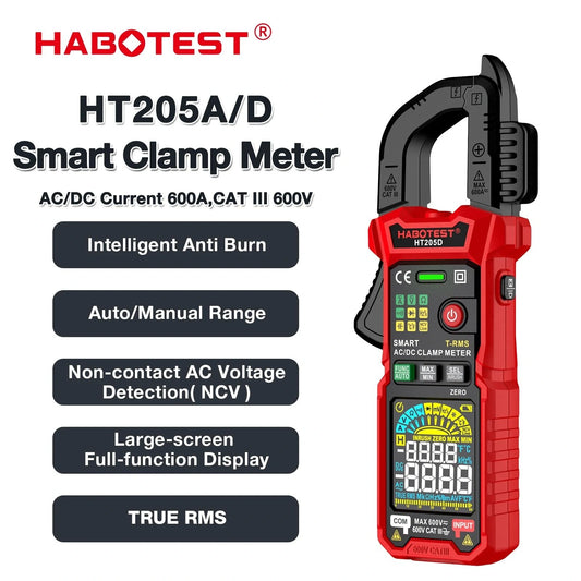 HABOTEST HT205 Inrush Clamp Meter 600A True RMS AC/DC Current, Voltage, Temperature, Capacitance Tester