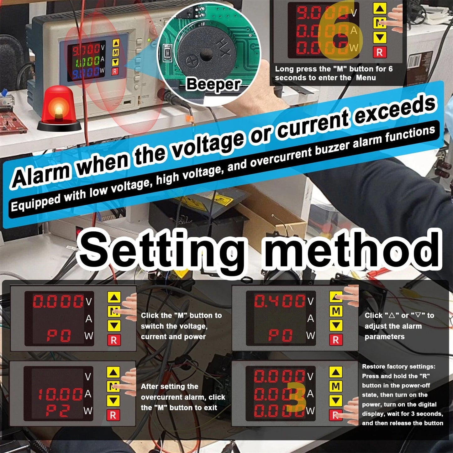 BM730 3-in-1 Digital Voltage Current Power Meter with Alarm - 4-Digit Multimeter with Adjustable Display & Safety Alerts