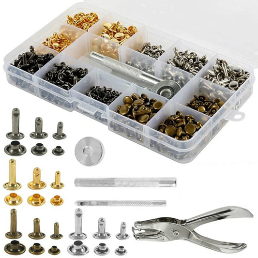 360Pcs Leather Rivets Set - Double Cap Tubular Studs with Punch Pliers & Setting Toolkit for Leather Craft Repairs & Decoration