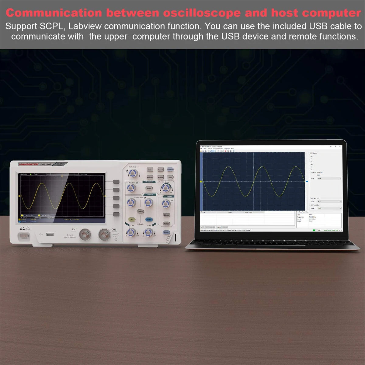 HANMATEK DOS1102 Portable Digital Oscilloscope 110MHz, 500 MS/s, 7 LCD, Dual Channels, FFT Analysis, Labview SCPI, USB