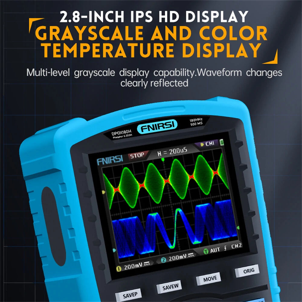 FNIRSI DPOX180H 180MHz Handheld Phosphor Digital Oscilloscope - Dual Channel 20MHz Signal Generator, 50000wfms/s, ZOOM XY FFT