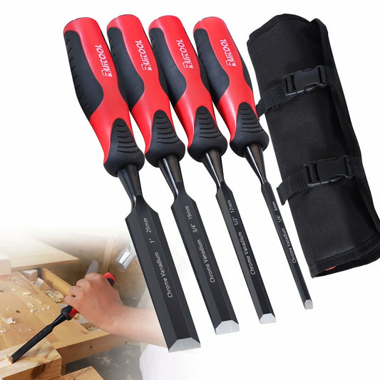 4-Piece Wood Chisel Set with Comfortable Handles and Hammer End for Woodworking Carving