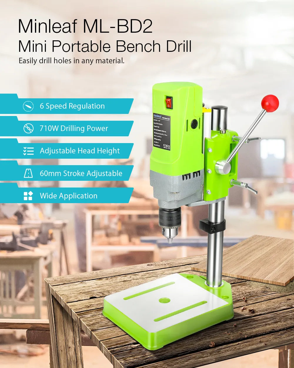 Mini Bench Drill Press 710W - Variable Speed 1-13mm Chuck - Wood Metal Plastic DIY