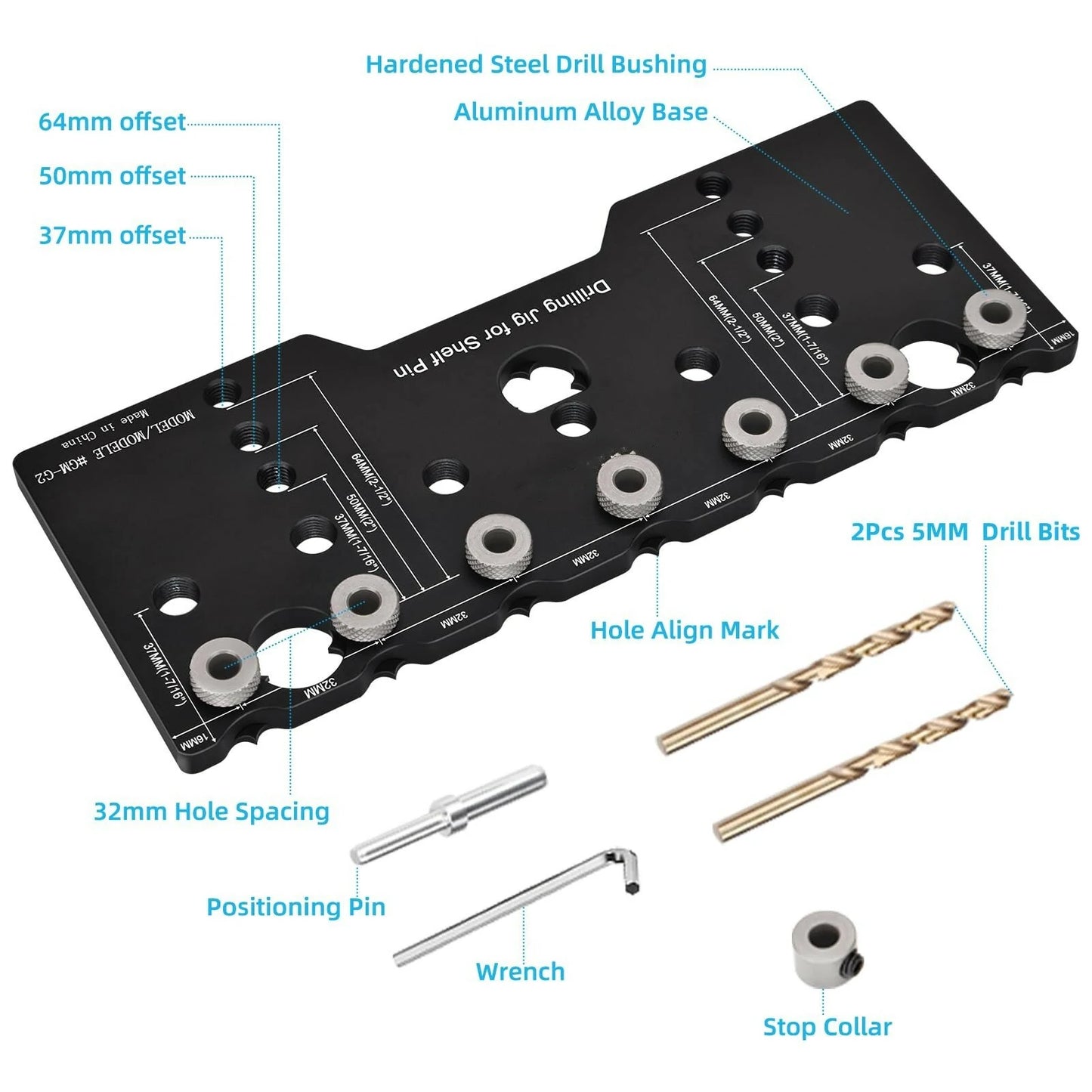 Aluminum Alloy Cabinet Hardware Jig with 2PCS 5mm Drill Bits - Adjustable Shelf Pin Woodworking Locator Guide