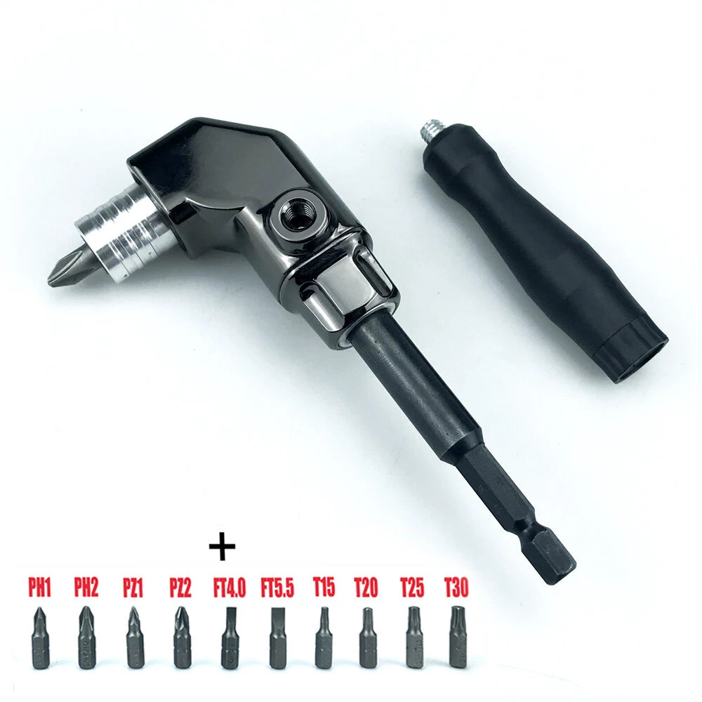 90° Angle Universal Screwdriver Adapter with Quick Release Hex Interface & Optional 10-Piece Set for Hard-to-Reach Areas