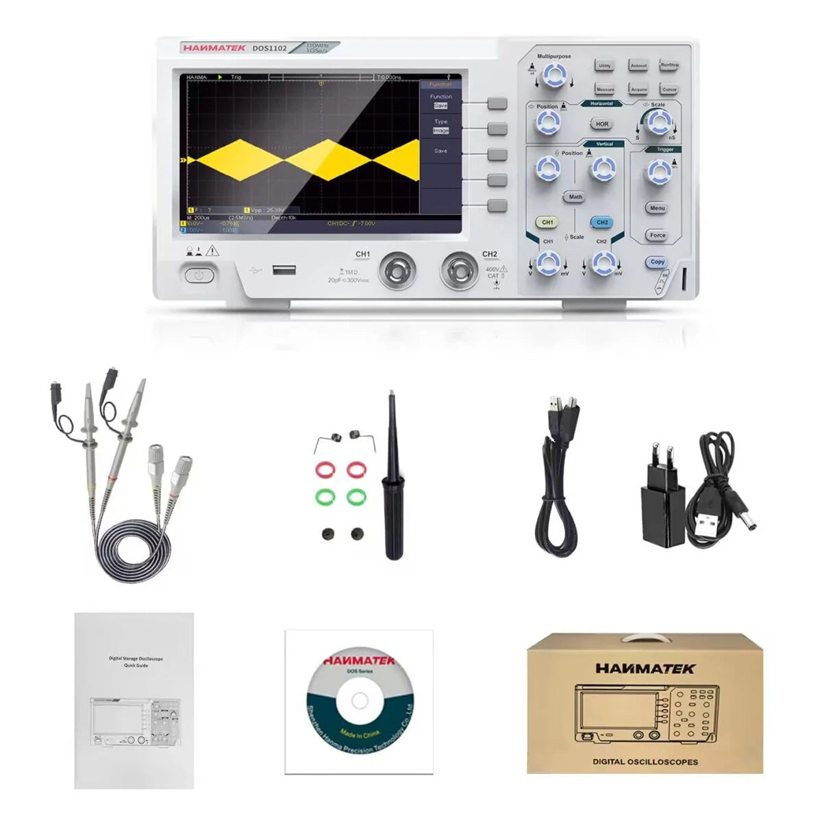 HANMATEK DOS1102 Portable Digital Oscilloscope 110MHz, 500 MS/s, 7 LCD, Dual Channels, FFT Analysis, Labview SCPI, USB