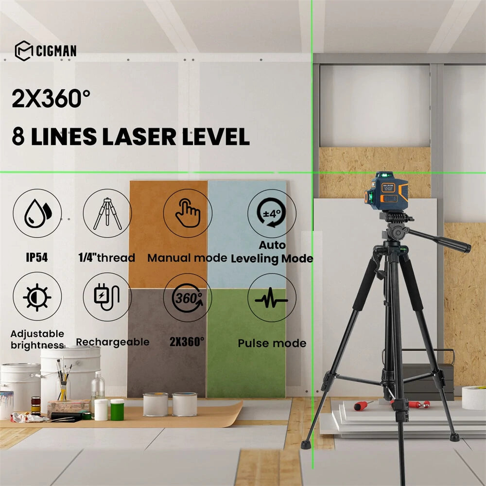 CIGMAN CM-720/CM-720SE 360° Laser Level Tool with Rechargeable Battery and Magnetic Bracket for Construction and Home Decoration