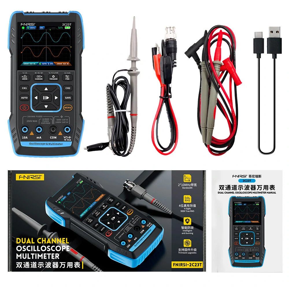 FNIRSI 2C23T 3-in-1 Handheld Oscilloscope Multimeter & Signal Generator - Dual Channel 10MHz*2, 50MS/s