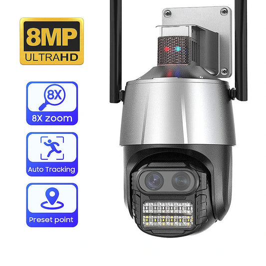 8MP Dual-Lens Wireless IP Security Camera, 8X Zoom, Auto-Tracking, Human Detection, Colorful IR Night Vision, Two-Way Audio, Remote APP Monitoring