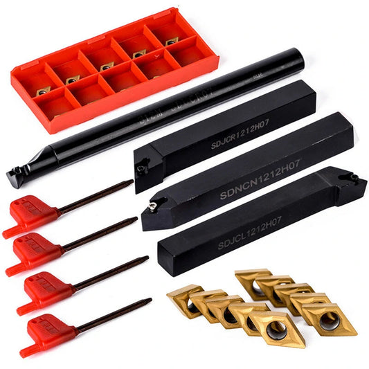 14-Piece Lathe Set: 10 DCMT070204 Carbide Inserts + 4 12mm Boring Bar Tool Holders