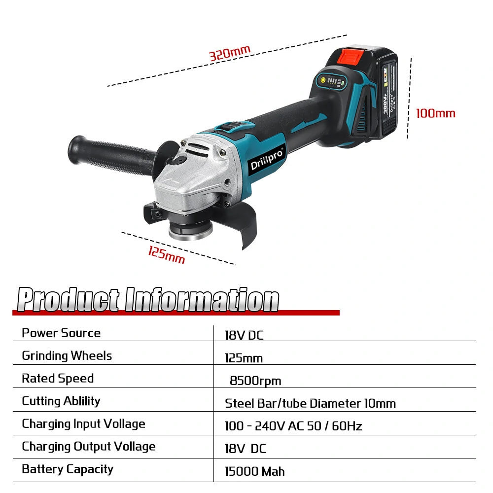 Rechargeable Drillpro 125mm 18V Brushless Angle Grinder with Adjustable Speed and Battery - Blue/Black