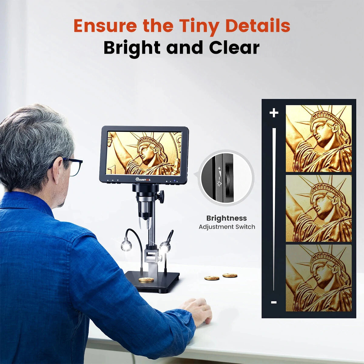 Mustool DM9 Pro 16MP HDMI Digital Microscope with Reflective Cover, 7 IPS Screen, 1200X Zoom, Professional Soldering and Entire Coin Viewing