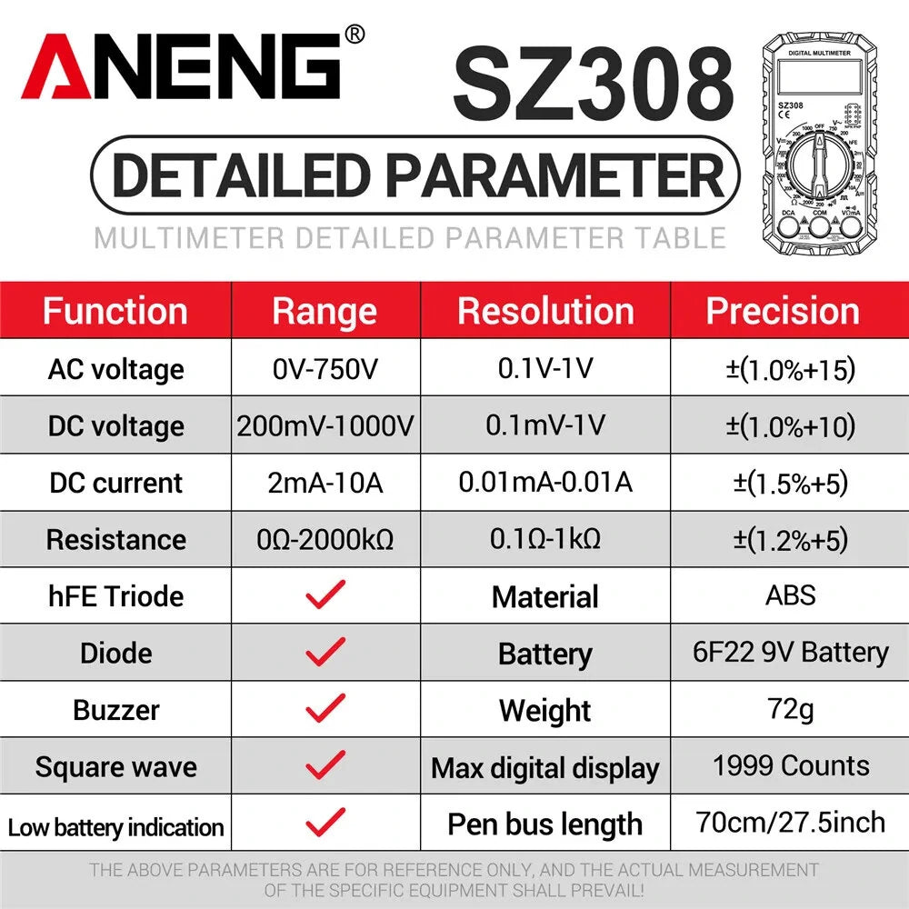 ANENG SZ308 Handheld Digital Multimeter - AC/DC Voltage, Current, Resistance, Diode, HFE Transistor Measurements, Wave Output, Low Battery Indicator