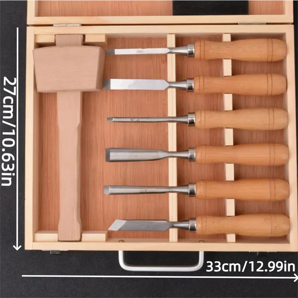 Premium 7PCS Wood Carving Chisels Set - Includes Flat, Curved, Skew Chisels & Wooden Hammer for DIY Woodworking & Sculpting