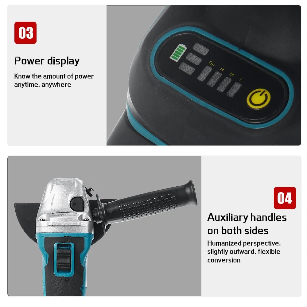 Rechargeable Drillpro 125mm 18V Brushless Angle Grinder with Adjustable Speed and Battery - Blue/Black