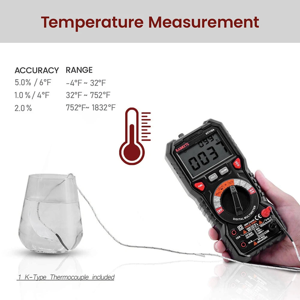 KAIWEETS HT118A TRMS Digital Multimeter 6000 Counts with Flashlight & Safety Features for Household & Automotive Testing - EU/US Direct