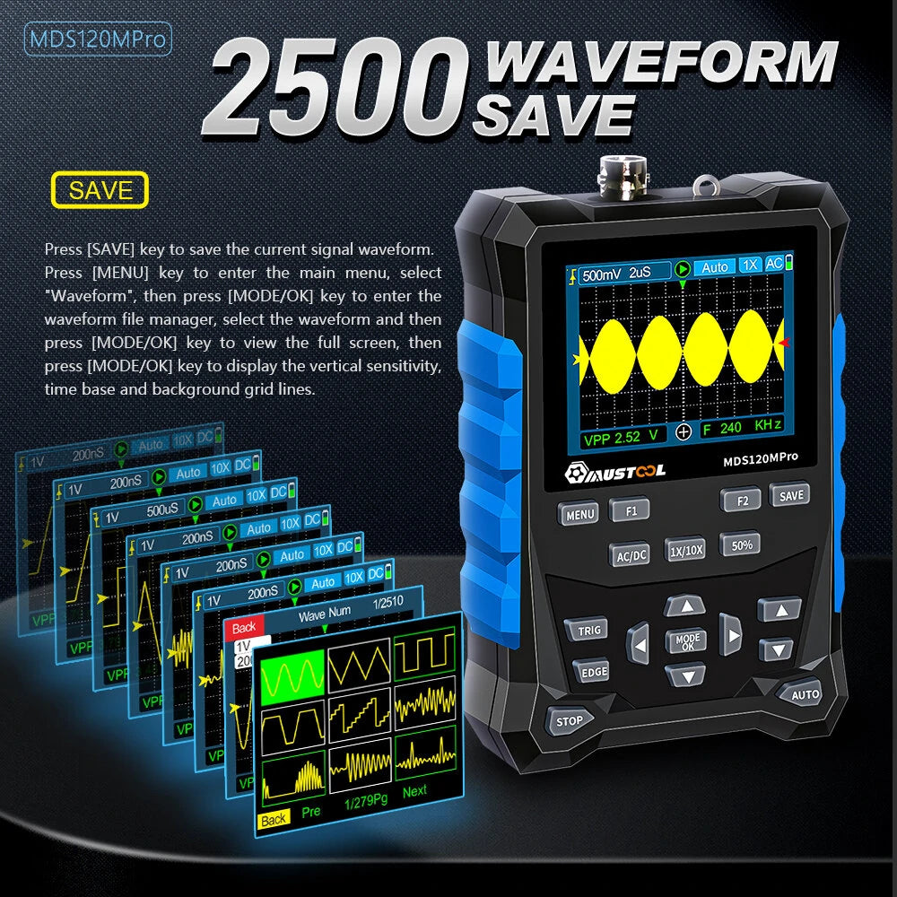 Mustool MDS120MPro 120MHz Digital Oscilloscope with 3MHz Signal Generator, 500MS/s, 2-in-1 Automotive Tool