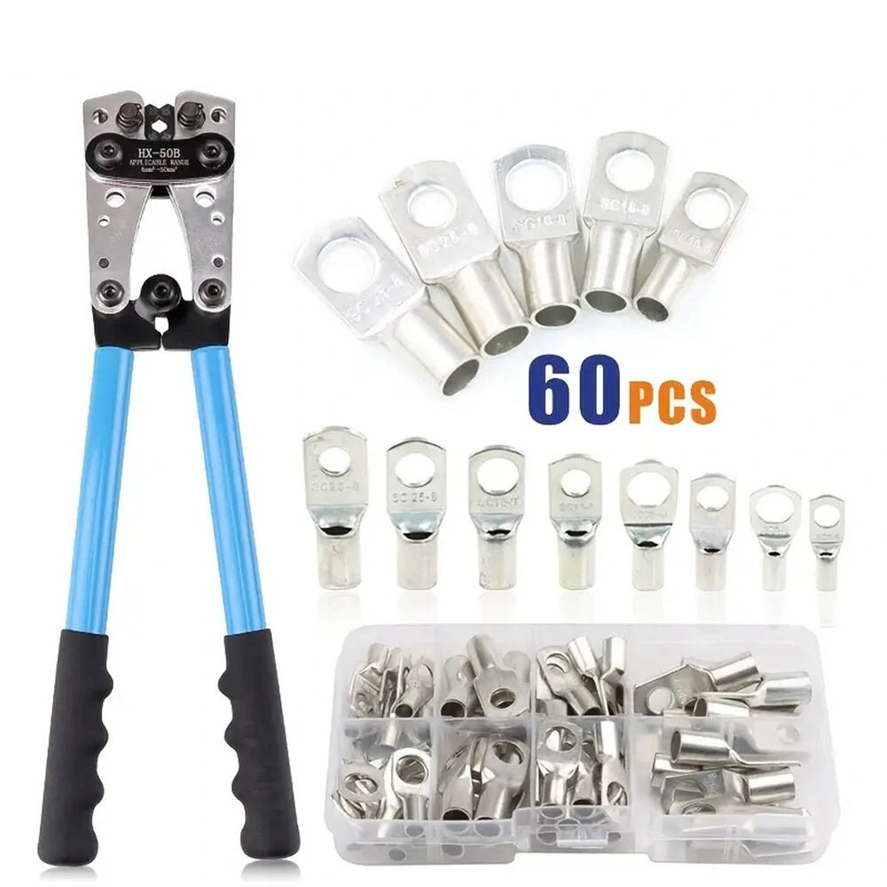 Battery Cable Crimping Tool Set HX-50B, 10-1 AWG, with 60 Copper Ring Terminals, 8 Sizes