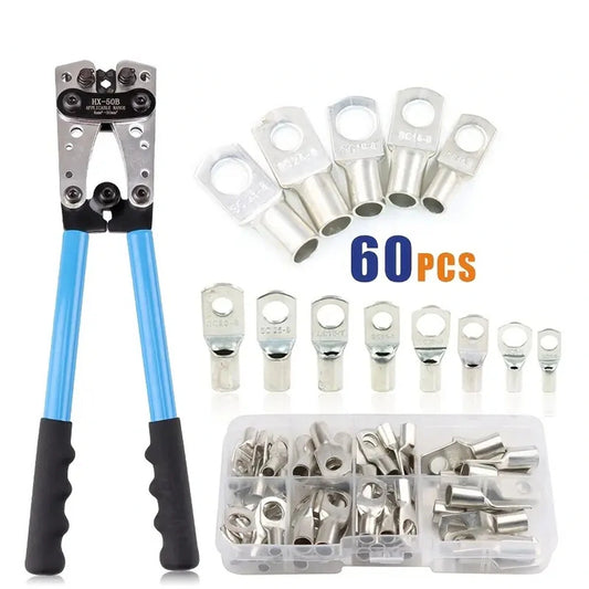 Battery Cable Crimping Tool Set HX-50B, 10-1 AWG, with 60 Copper Ring Terminals, 8 Sizes