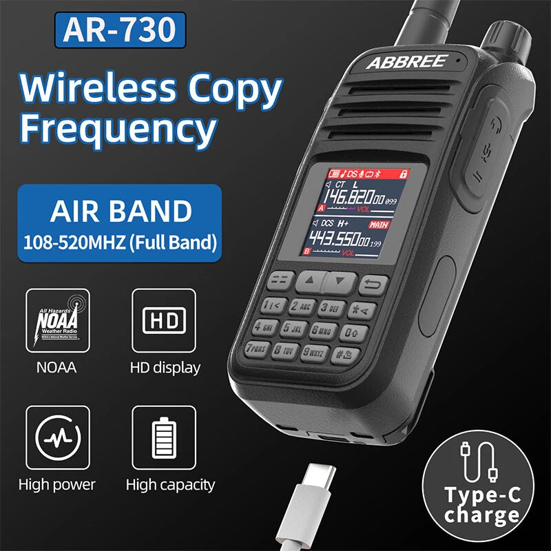 ABBREE AR-730 High-Power Walkie Talkie, EU Plug, 136-520MHz, 256 Channels, HD Display, NOAA Handheld Two-Way Radio