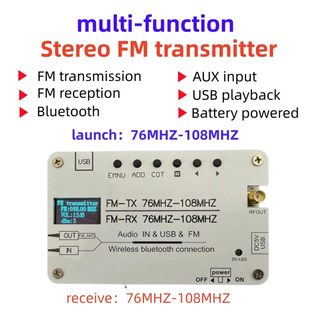 Portable Bluetooth FM Transmitter & Receiver with AUX/USB, 76MHz-108MHz, Built-in Rechargeable Battery