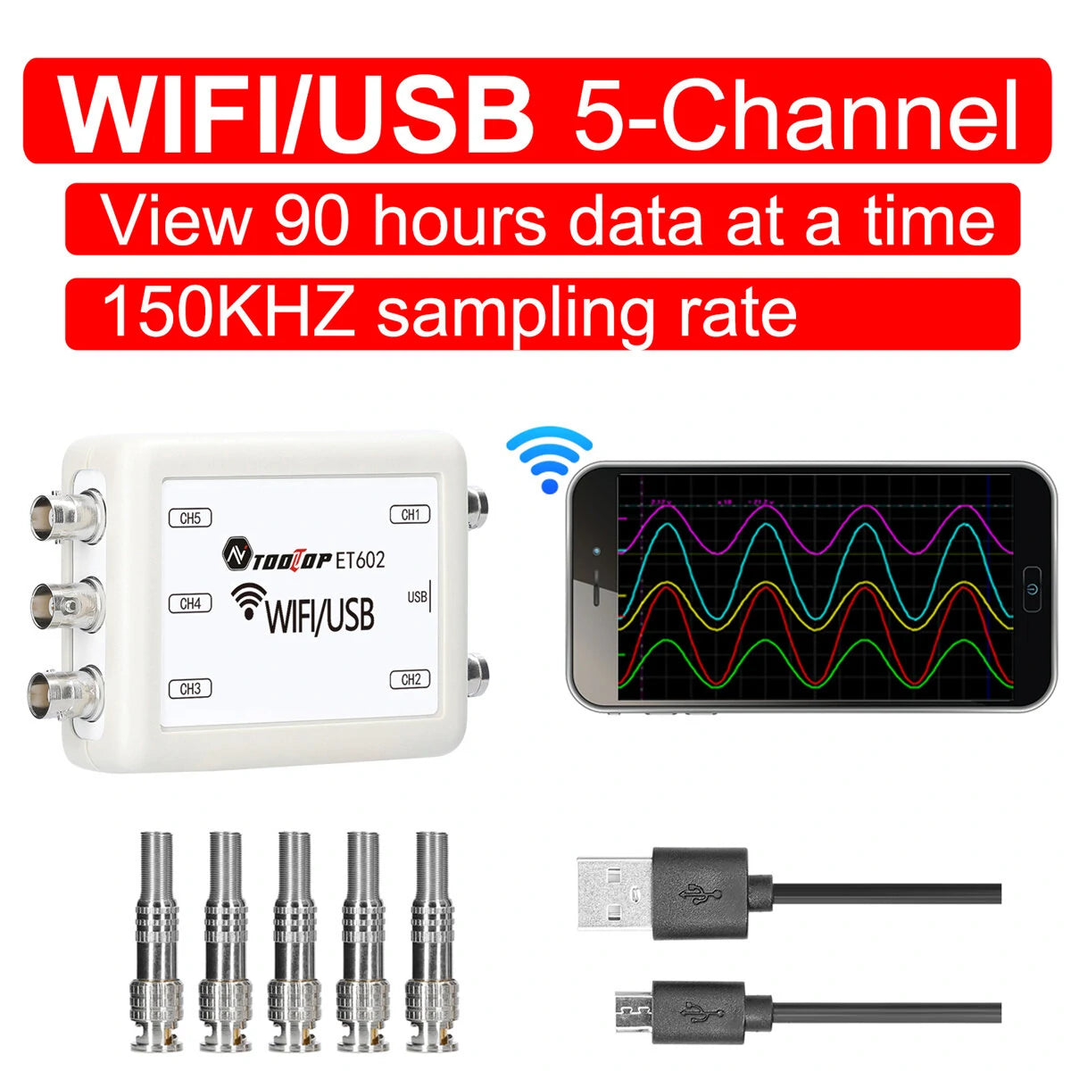 TOOLTOP ET601/ET602 5-Channel Wi-Fi USB Virtual Oscilloscope & Wireless Storage Recorder for Car Repair