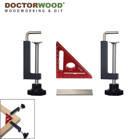 WoodworkPro 90° Triangle Ruler with Positioning Block & Right Angle Frame Clamp – Precision Woodworking Tools Set