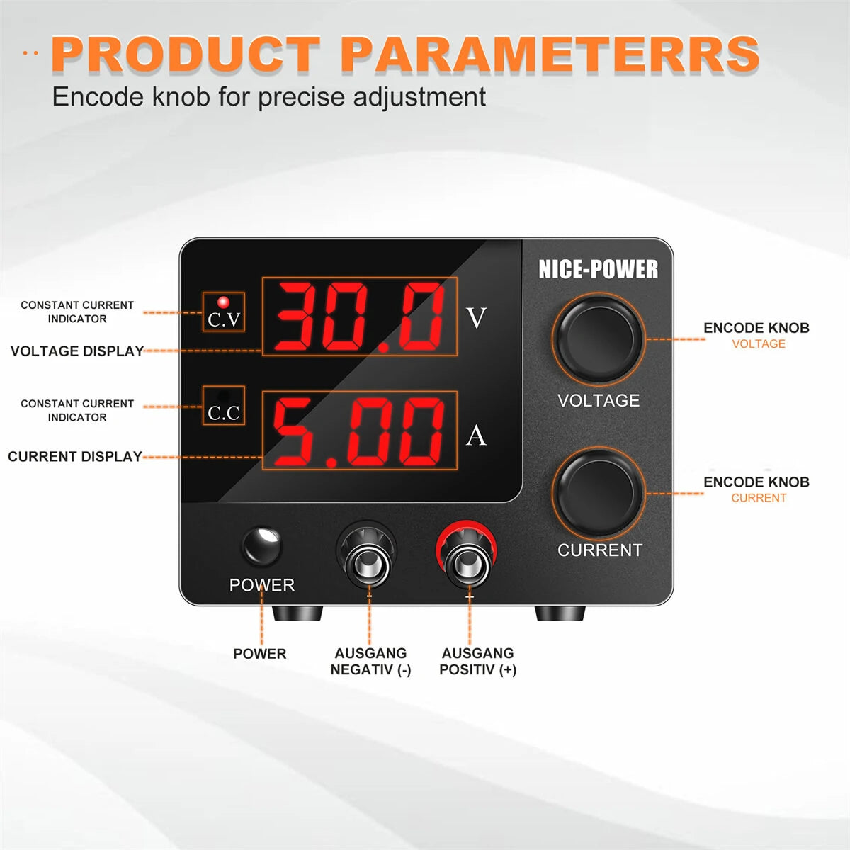 Mini Power Supply NICE-POWER SPS-E305: 0-30V 0-5A, High-Precision Encoder, Sleek Black Design, Stable DC Output