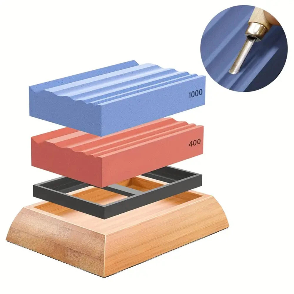 Wood Carving Sharpening Stone Kit: 400 & 1000 Grit Whetstone with Notches for Whittling & Carving Blades, Chisels, and Gouges
