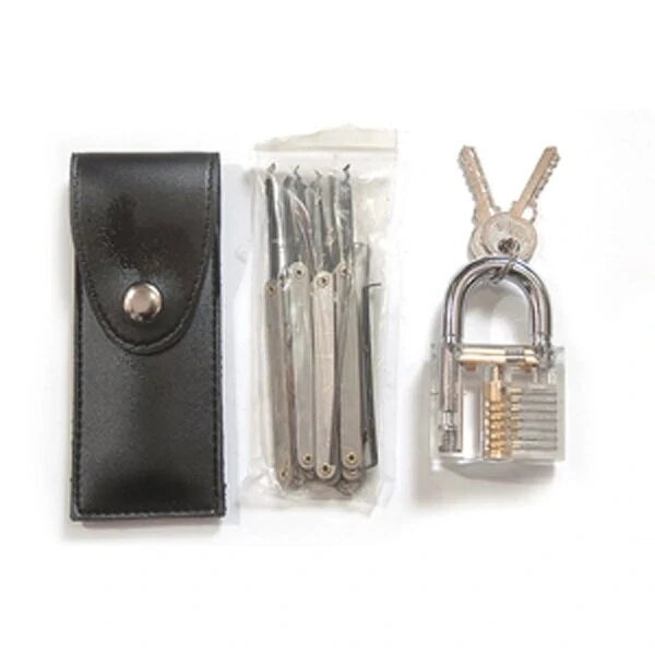 Clear Training Padlock & 12-Piece Lock Pick Set with Key Extractor Tools