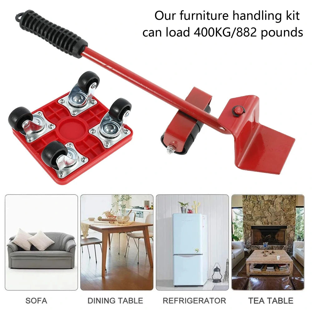 Heavy Duty Furniture Lifter Mover Set with Universal Wheels, 400kg Capacity - Red Compact Roller Bar Hand Tools for Easy Moving