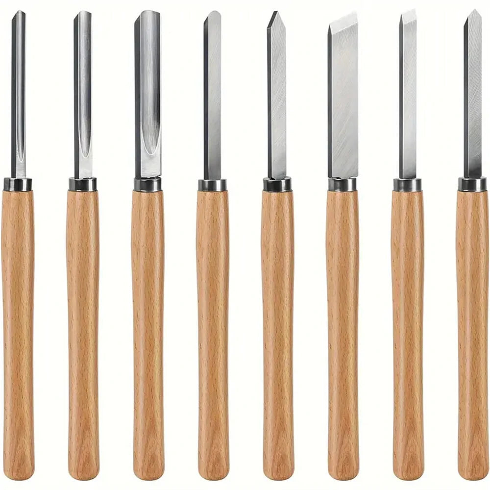 8PCS Wood Turning Chisel Set - High-Speed Steel Blades, Professional Lathe Kit with Skew, Parting, Spear Point, Gouges, Round Nose for Woodworking