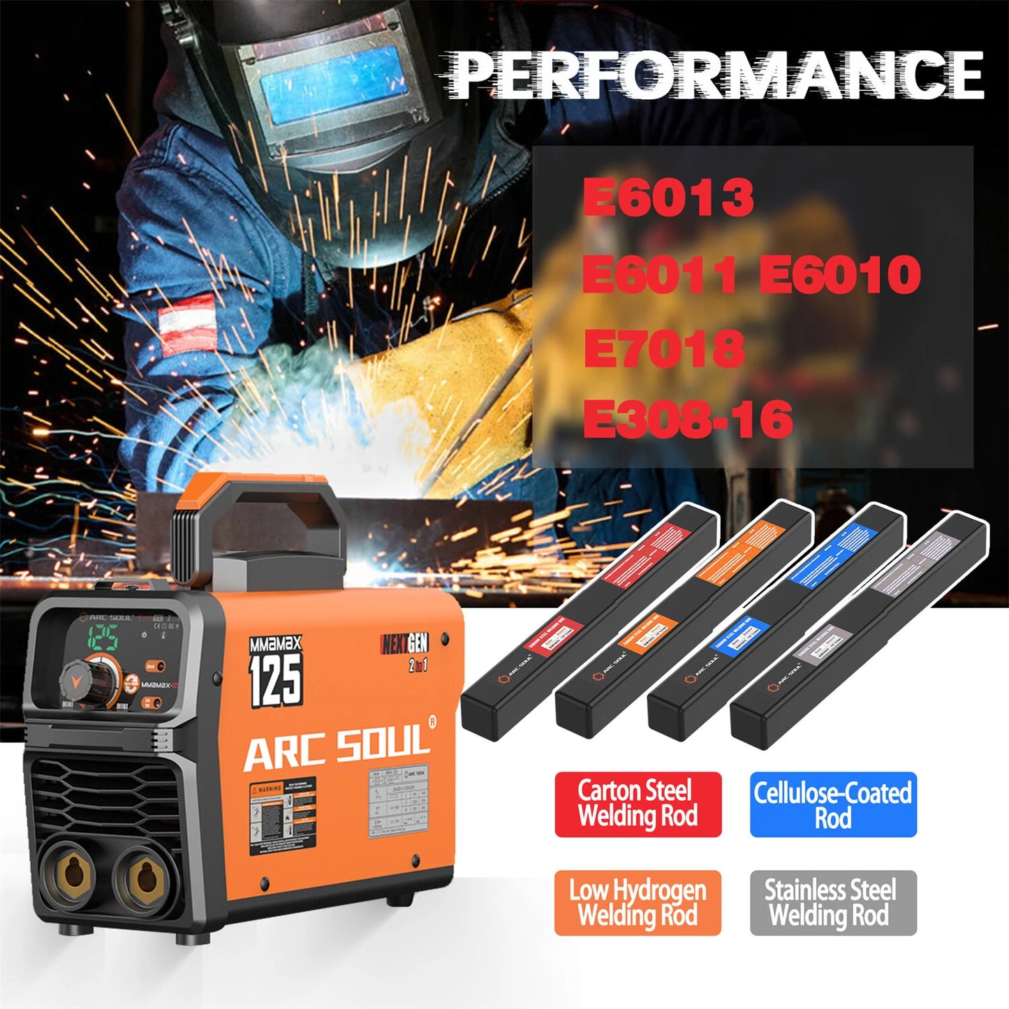 MMAMAX Portable 220V Welding Machine 125A 2-in-1 LIFT TIG IGBT Protection 160-270V Digital Display High Efficiency