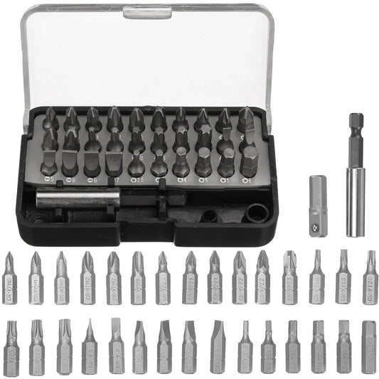 31-Piece Drill Bit Set with PH, PZ, SL, H, T Sizes & 60mm Extension Rod in Plastic Case - Versatile & Heavy-Duty for All Drilling Needs