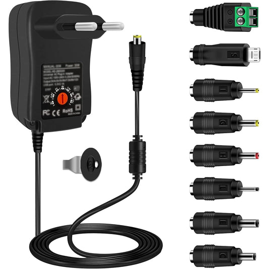 30W Universal AC to DC Power Adapter 3V-12V 2A with 5V 2.1A USB, 8 DC Plugs EU/US for LED, CCTV, Router, TV Box