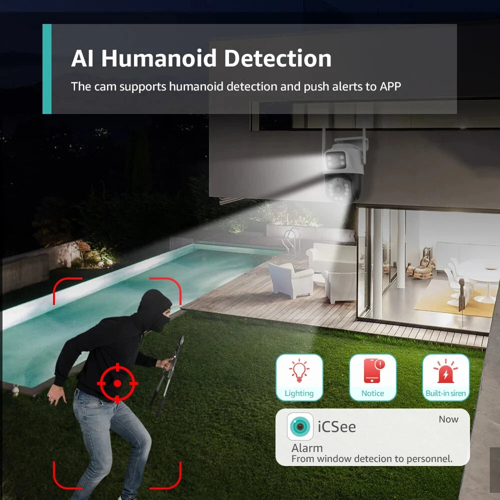 6MP Dual Lens PTZ Outdoor Wifi Dome Camera with Human Detection & Color Night Vision - ICSEE App, EU Plug