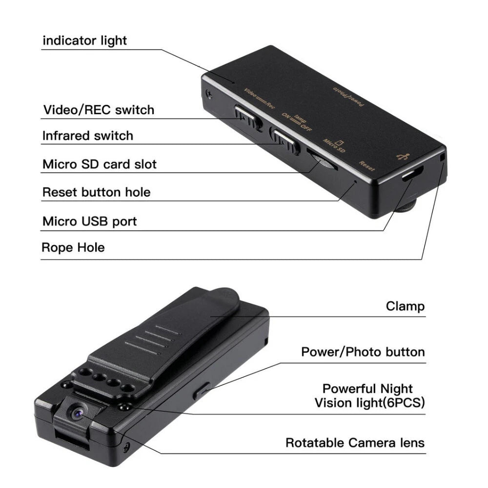 Z8 Mini HD 1080P Night Vision Back Clip Micro USB Camera