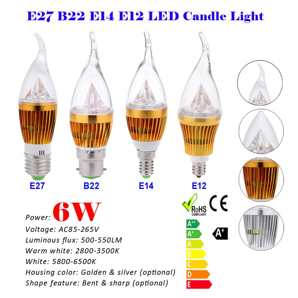 6W B22 LED Candle Bulb Chandelier Spotlight, High Power AC85-265V