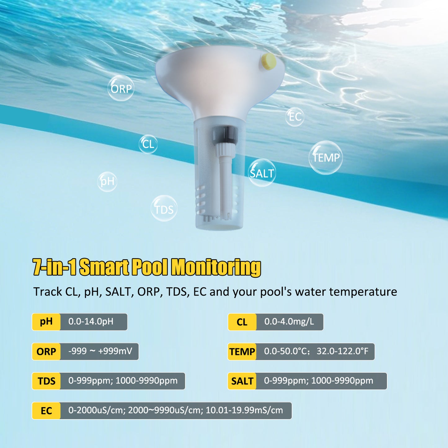 Solar-Powered Tuya Zigbee Pool Water Quality Tester – 7-in-1 Smart Floating Monitor (pH / Chlorine / ORP / Salinity / EC / TDS / Temperature)