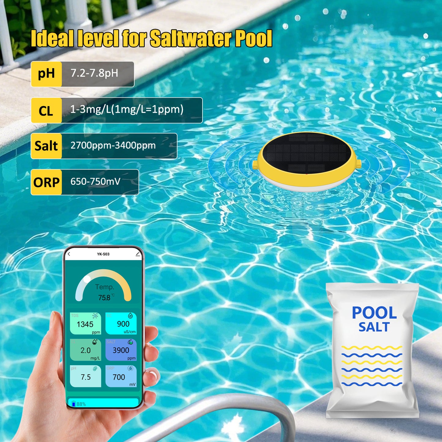 Solar-Powered Tuya Zigbee Pool Water Quality Tester – 7-in-1 Smart Floating Monitor (pH / Chlorine / ORP / Salinity / EC / TDS / Temperature)
